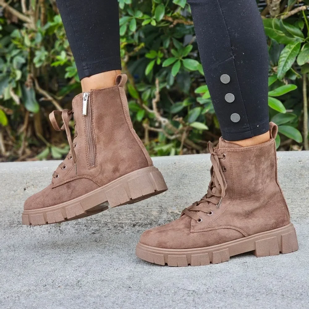 Womens Suede Nude Combat Ankle Boots Lace Up Heeled - Picture 3 of 5
